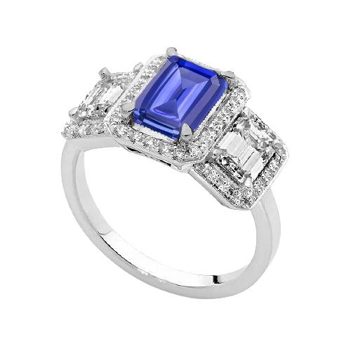Halo Smaragdblauer Saphir-Diamant-Ring 3 Stein-Stil Schmuck 3 Karat - harrychadent.de
