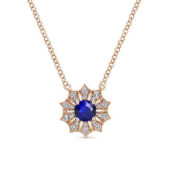Halskette mit rundem Saphir-Anhänger in Roségold, Sternstil, 1 Karat