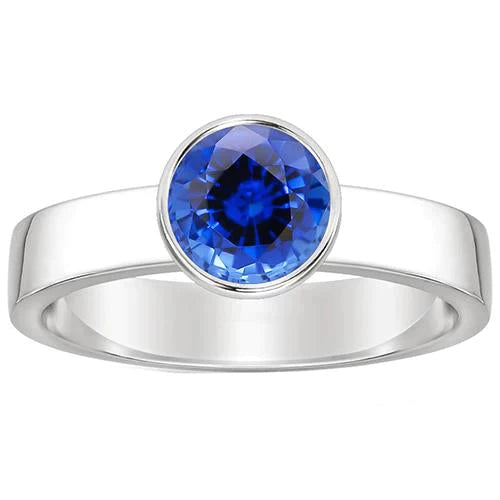 Herren Solitär Ring Lünette Set Runder Blauer Saphir