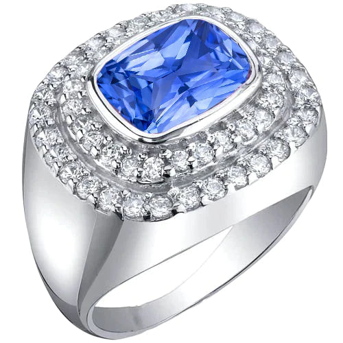 Herrenring Doppel-Halo Lünette Kissen Natur Blauer Saphir 4,50 Ct
