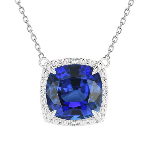 Kissen Blauer Saphir & Aus der Erde Abgebauter Natürlicher Diamant-Halo-Anhänger Hundeohr 5,25 Karat