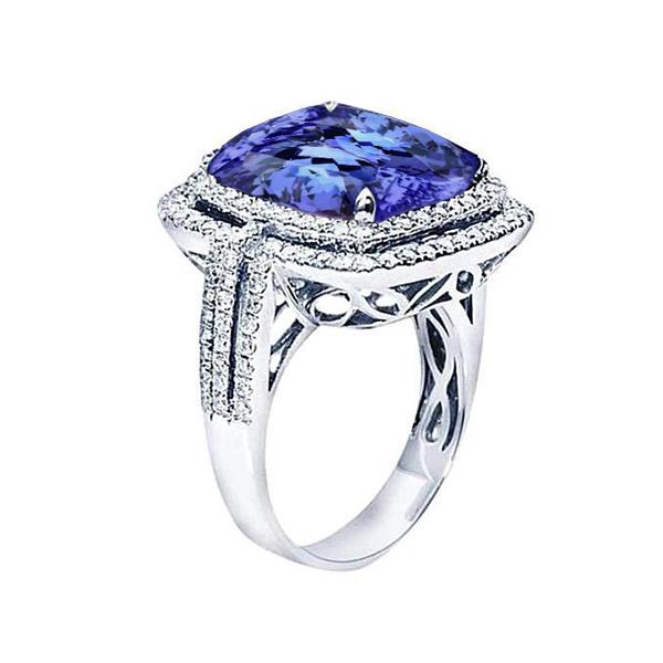 Kissen Tansanit und runde Aus der Erde Abgebauter Natürlicher Diamanten 4,50 Karat Ring Edelsteinschmuck