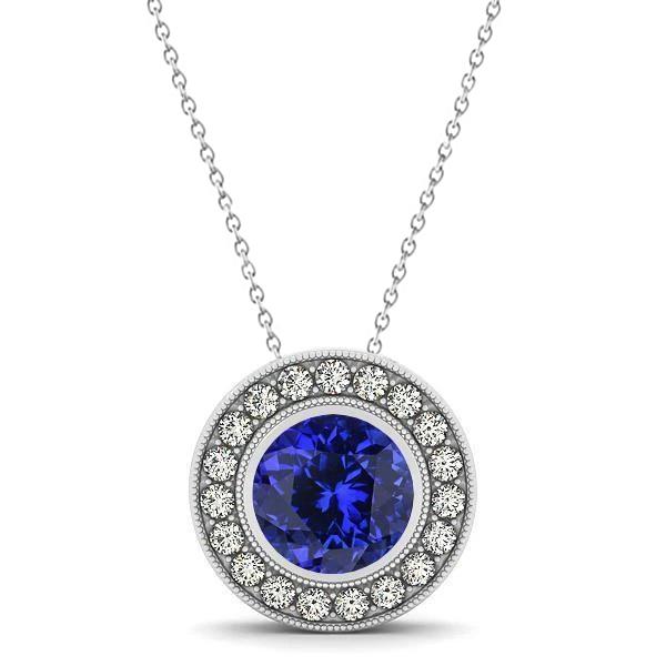 Lünette Set Tansanit mit Aus der Erde Abgebauter Natürlicher Diamanten Anhänger Halskette Gold 14K 2.75 Ct