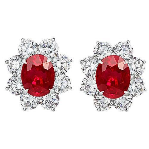 Ohrstecker mit rotem Rubin und Aus der Erde Abgebauter Natürlicher Diamant 5,40 Karat Halo-Edelstein-Schmuck