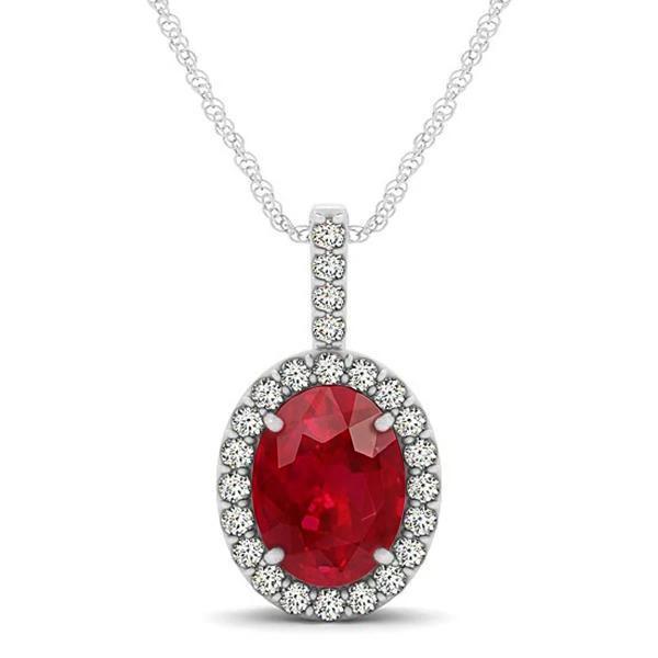 Ovale Rubin-Aus der Erde Abgebauter Natürlicher Diamant-Halskette 9.10 Kt Weißgold 14K