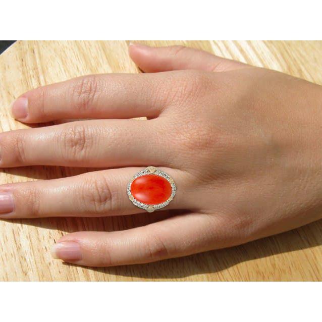 Ovale rote Koralle mit Diamanten 11,20 ct Ehering 14K Gelbgold 14K - harrychadent.de