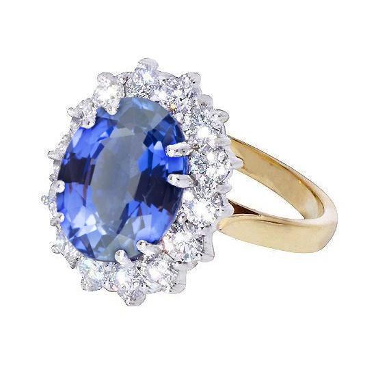 Ovaler Ceylon Saphir Aus der Erde Abgebauter Natürlicher Diamanten 8.51 Ct Ring Zweifarbiges Weißgold 14K