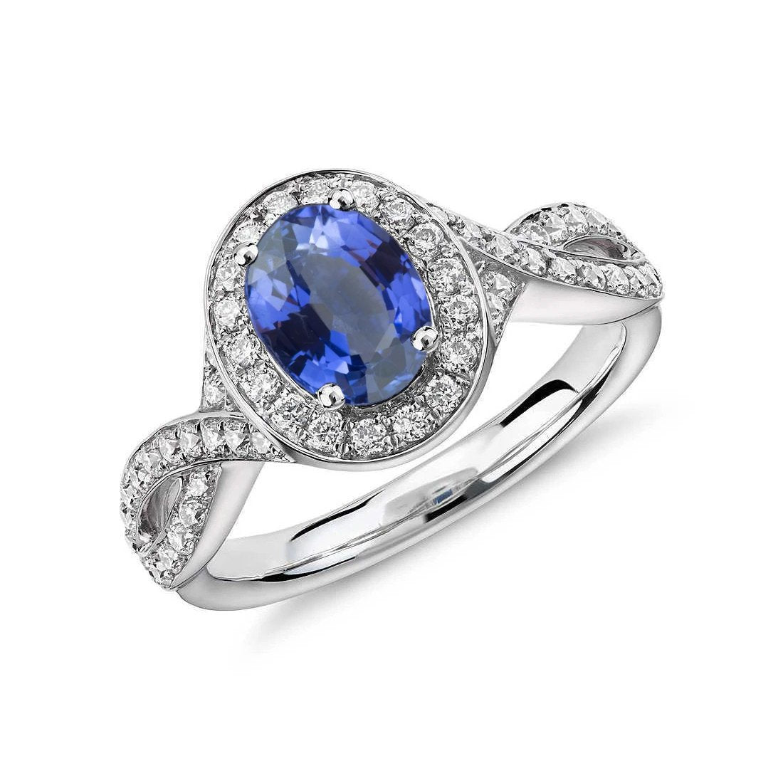 Ovaler Ceylon Saphir & runder Aus der Erde Abgebauter Natürlicher Diamant Ring 1.55 Karat Weißgold 14K