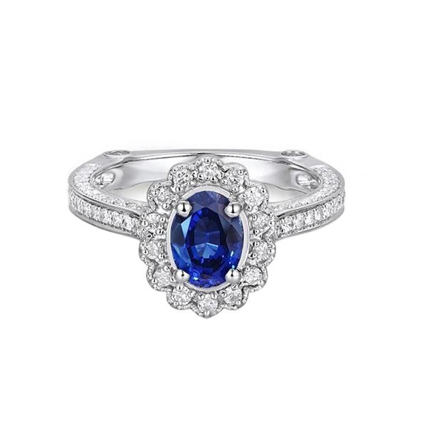 Ovaler srilankischer Saphirring runder Aus der Erde Abgebauter Natürlicher Diamant Goldschmuck 2 Karat