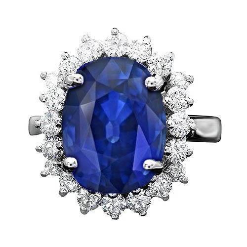 Ovaler und runder Ceylon-Saphir-Ring mit 8.01 Karat Aus der Erde Abgebauter Natürlicher Diamanten WG 14K