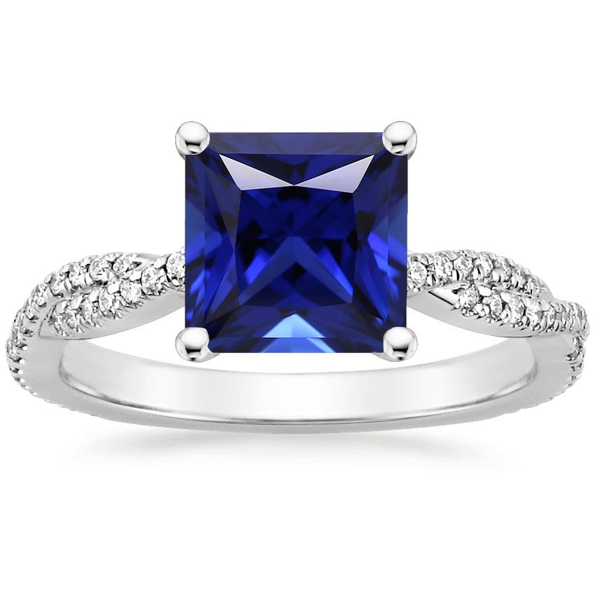 Princess Solitaire Accents Ring Ceylon Saphir & Aus der Erde Abgebauter Natürlicher Diamanten 6 Karat