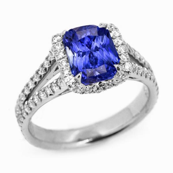 Radiant Halo Ceylon Saphirring 4,50 Karat Diamanten mit geteiltem Schaft - harrychadent.de