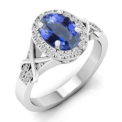 Ring mit ovalem Ceylon-Saphir und rundem Aus der Erde Abgebauter Natürlicher Diamanten Gold 1.80 Ct