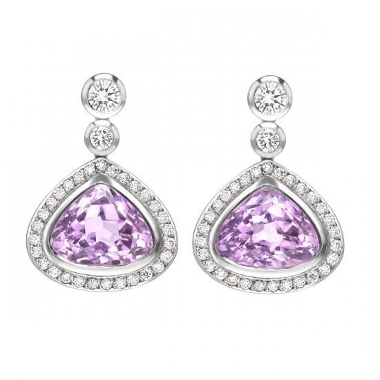 Rosa Kunzit mit Aus der Erde Abgebauter Natürlicher Diamanten 23.50 ct Ohrhänger Weißgold 14K