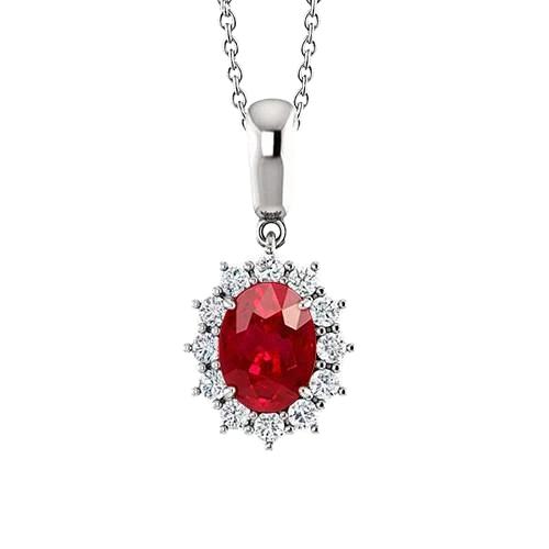 Roter Ovaler Rubin mit Aus der Erde Abgebauter Natürlicher Diamant-Halsketten-Anhänger 2,60 Karren Gold 14K