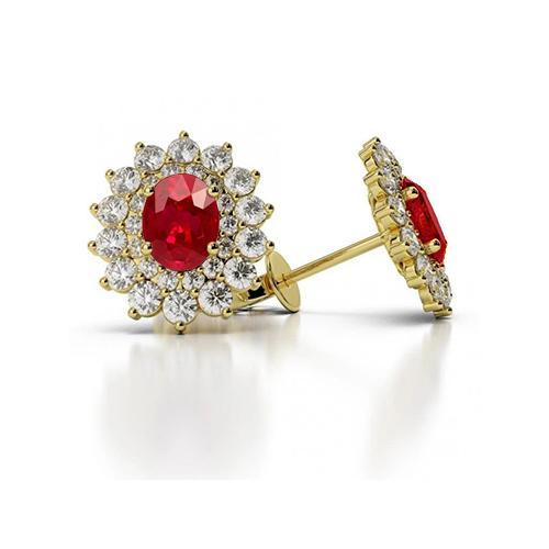 Rubin & Aus der Erde Abgebauter Natürlicher Diamanten Halo Ohrstecker im Rundschliff 5 Kt Gelbgold 14K