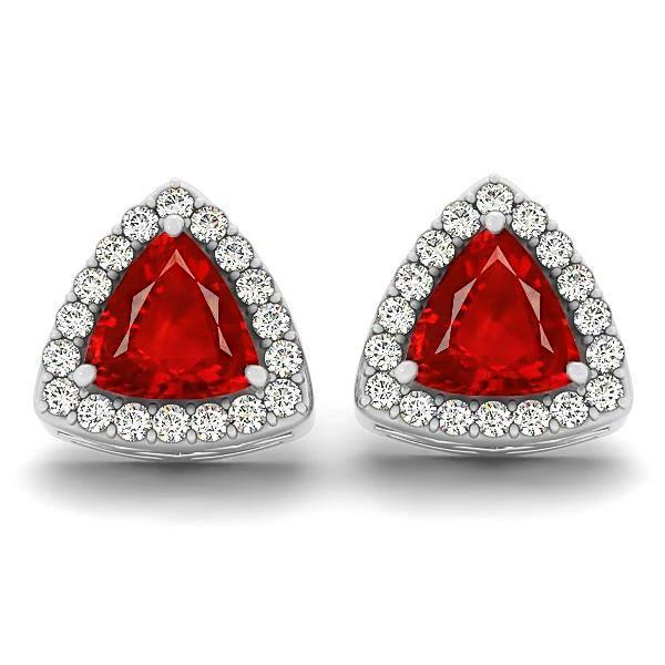 Rubin im Trillionenschliff mit Aus der Erde Abgebauter Natürlicher Diamanten 4 Kt. Halo Ohrstecker Weißgold 14K