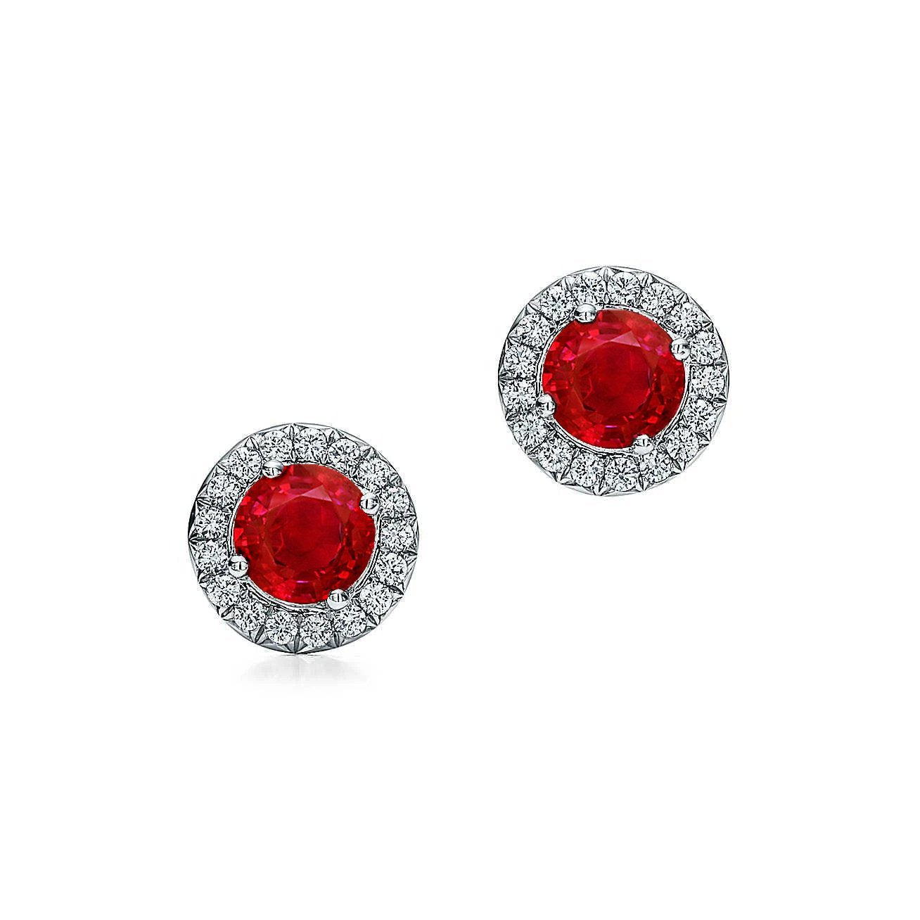 Runde Lady Halo Ohrstecker Roter Rubin Und Aus der Erde Abgebauter Natürlicher Diamanten 3.50 ct. Neu