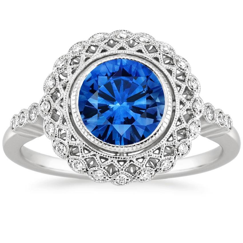 Runder Ceylon Saphir Aus der Erde Abgebauter Natürlicher Diamant Ring Lünette Set 3.80 Karat Weißgold 14K