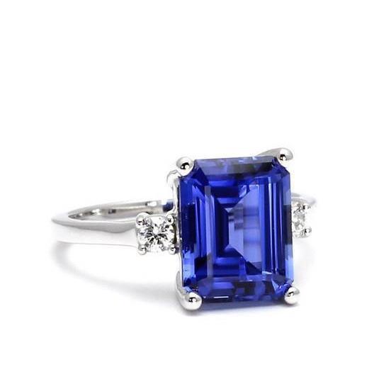 Smaragd & Rundschliff 3 Karat Ceylon Saphir Aus der Erde Abgebauter Natürlicher Diamanten Ring Weißgold 14K