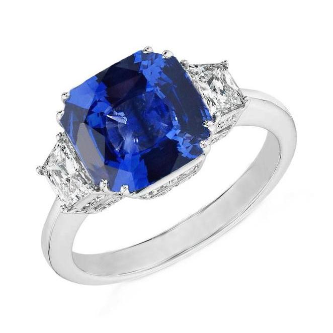 Sri Lanka Blauer Saphir Asscher Aus der Erde Abgebauter Natürlicher Diamantring 2 Kt. WG 14K