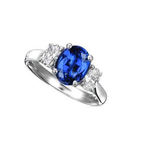 Sri Lanka Blauer Saphir & Aus der Erde Abgebauter Natürlicher Diamant Ring 3 Steine 2.60 Karat WG 14K