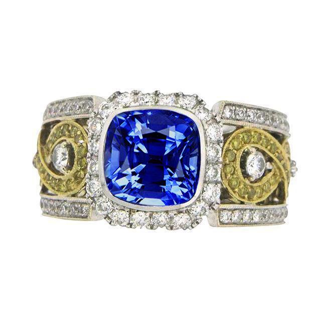 Sri Lanka Blue Sapphire Cushion Aus der Erde Abgebauter Natürlicher Diamants Ring 3.26 Karat zweifarbig 14K