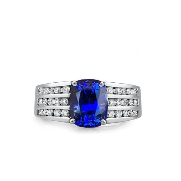 Sri Lanka Kissen Saphir mit Aus der Erde Abgebauter Natürlicher Diamanten Ring 3.50 Kt Gold Weiß 14K