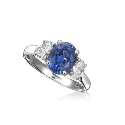 Sri Lankan Saphir Ovaler Drei-Stein-Aus der Erde Abgebauter Natürlicher Diamantring 3.50 Ct WG 14K