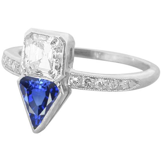 Toi et Moi Asscher Diamant & Ceylon Saphir Ring 3.50 Karat Milgrain - harrychadent.de