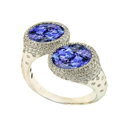 Toi et Moi Tansanit Solitärring mit Aus der Erde Abgebauter Natürlicher Diamantakzenten 5,50 Karat