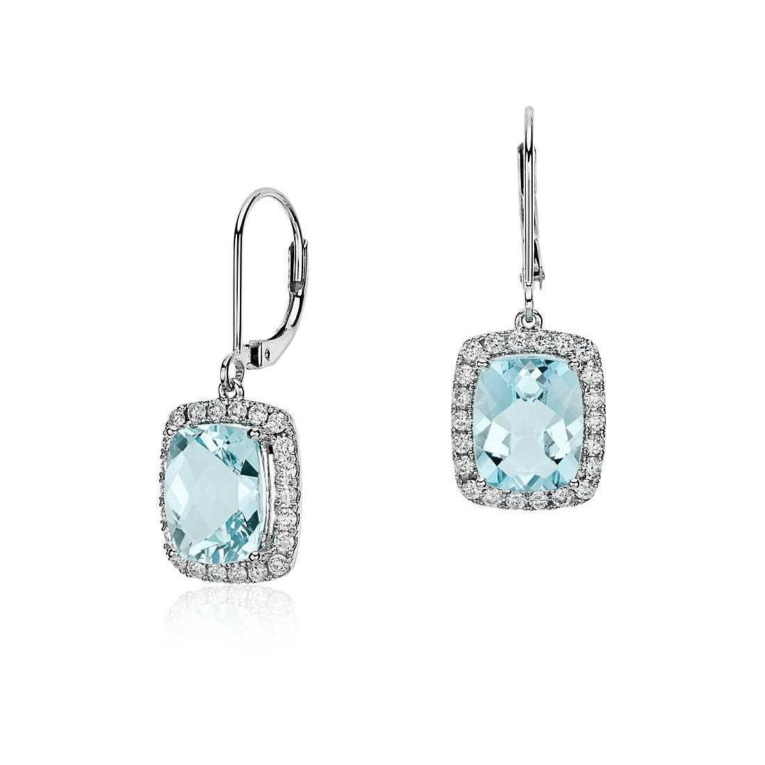 Weißgold 14K Damen Ohrhänger 6 Karat Aquamarin und Aus der Erde Abgebauter Natürlicher Diamanten