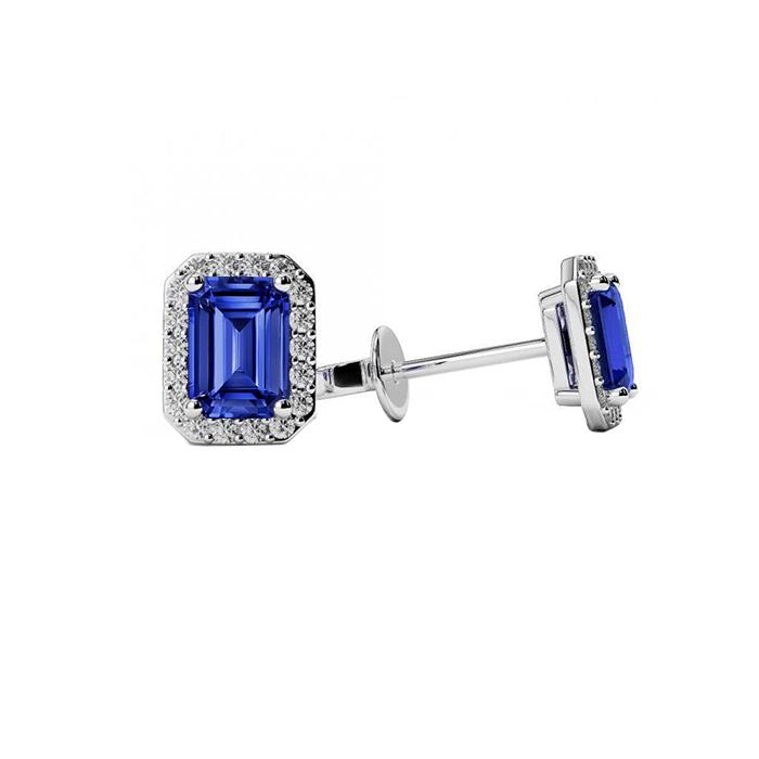 Weißgold-Ohrstecker mit Ceylon-Saphir und Aus der Erde Abgebauter Natürlicher Diamanten Halo 3,86 Ct