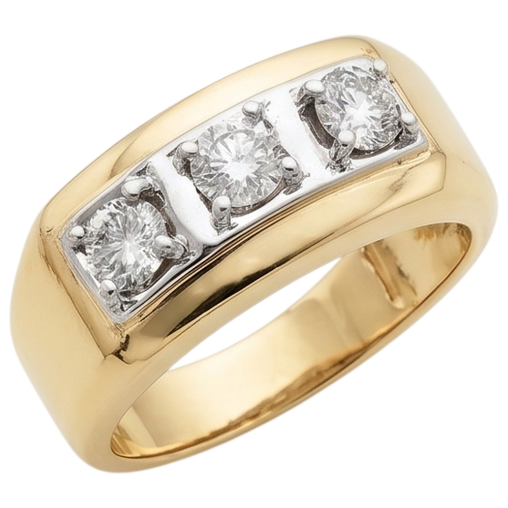 0.75 Karat Echt Aus der Erde Abgebauter Natürlicher Diamant Herrenring Drei Steine 14K Zweifarbig Neu