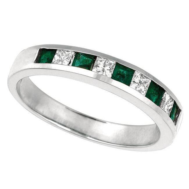 0,60 Karat Grün Smaragd- Und Prinzessin-Schliff-Diamantband Neues Weißgold