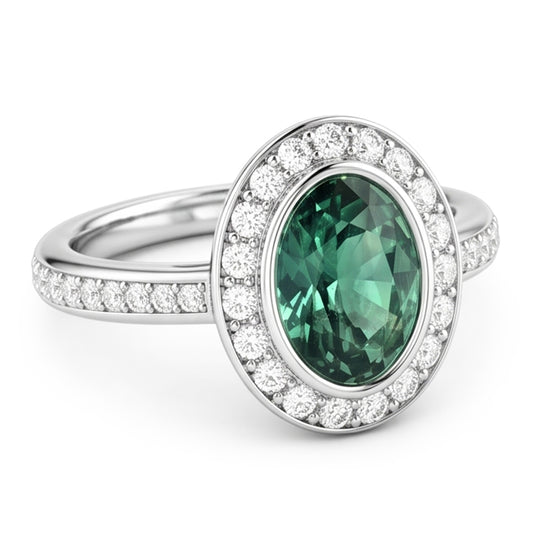 1.50 Karat Grüner Ovaler Saphir-Aus der Erde Abgebauter Natürlicher Diamant-Ring Weißgold 14K