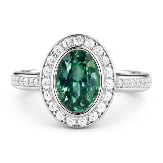 1.50 Karat Grüner Ovaler Saphir-Aus der Erde Abgebauter Natürlicher Diamant-Ring Weißgold 14K