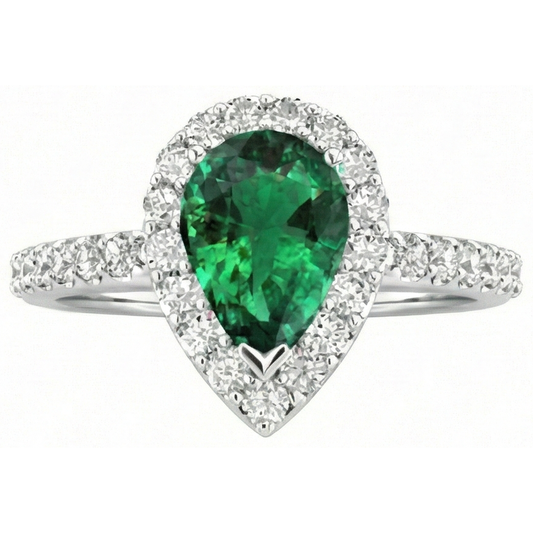 1.50 ct Ring mit grünem Smaragd und Aus der Erde Abgebauter Natürlicher Diamant im Birnenschliff
