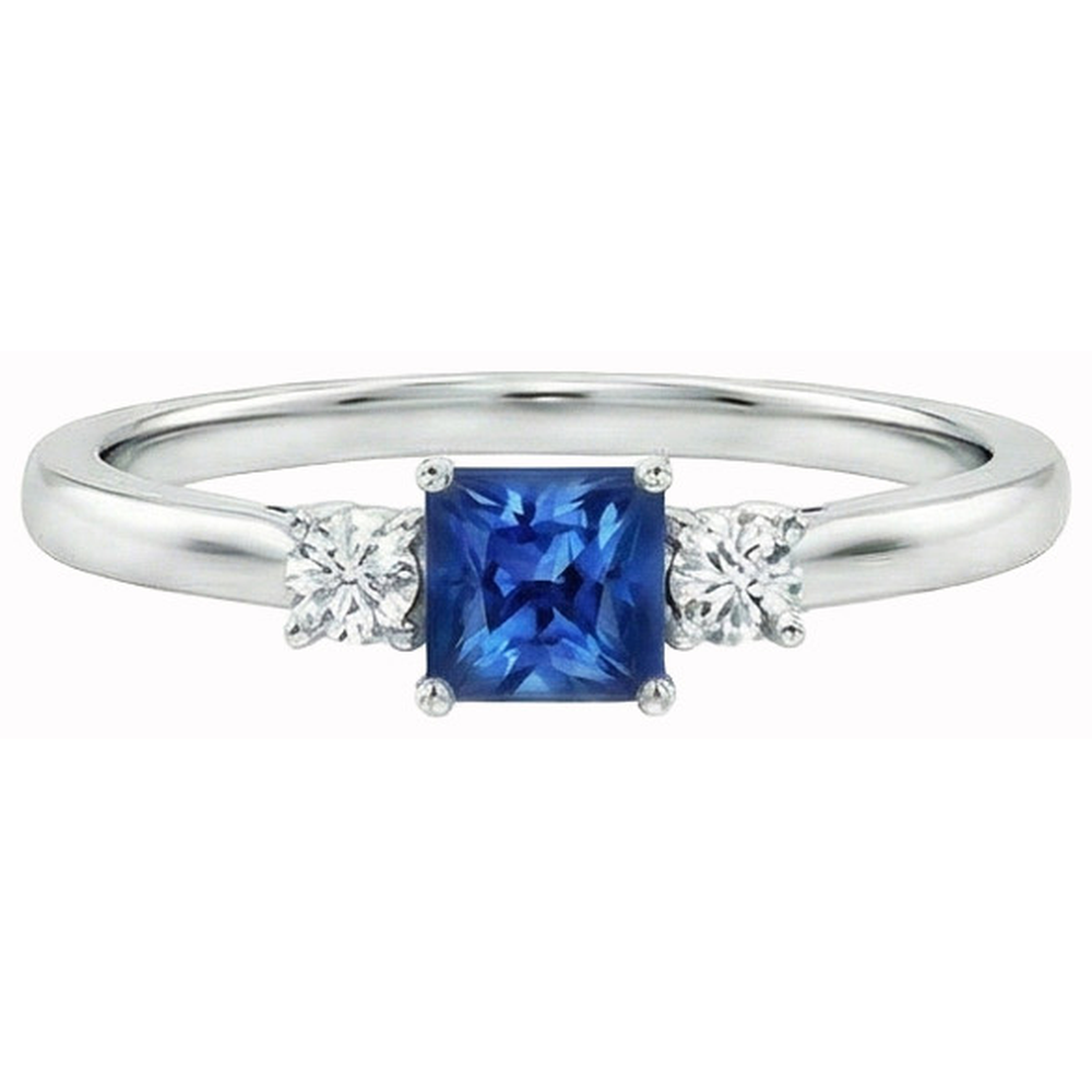 1.65 Kt. Drei-Stein-Ceylon-Saphir-Aus der Erde Abgebauter Natürlicher Diamanten-Ring Weißgold 14K