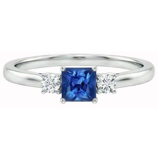 1.65 Kt. Drei-Stein-Ceylon-Saphir-Aus der Erde Abgebauter Natürlicher Diamanten-Ring Weißgold 14K