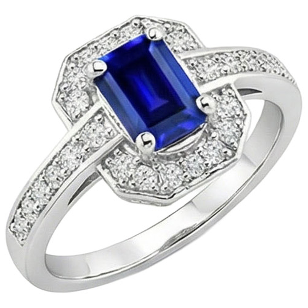 1.70 Karat Smaragdschliff Ceylon Saphir Aus der Erde Abgebauter Natürlicher Diamant Ring Weißgold 14K