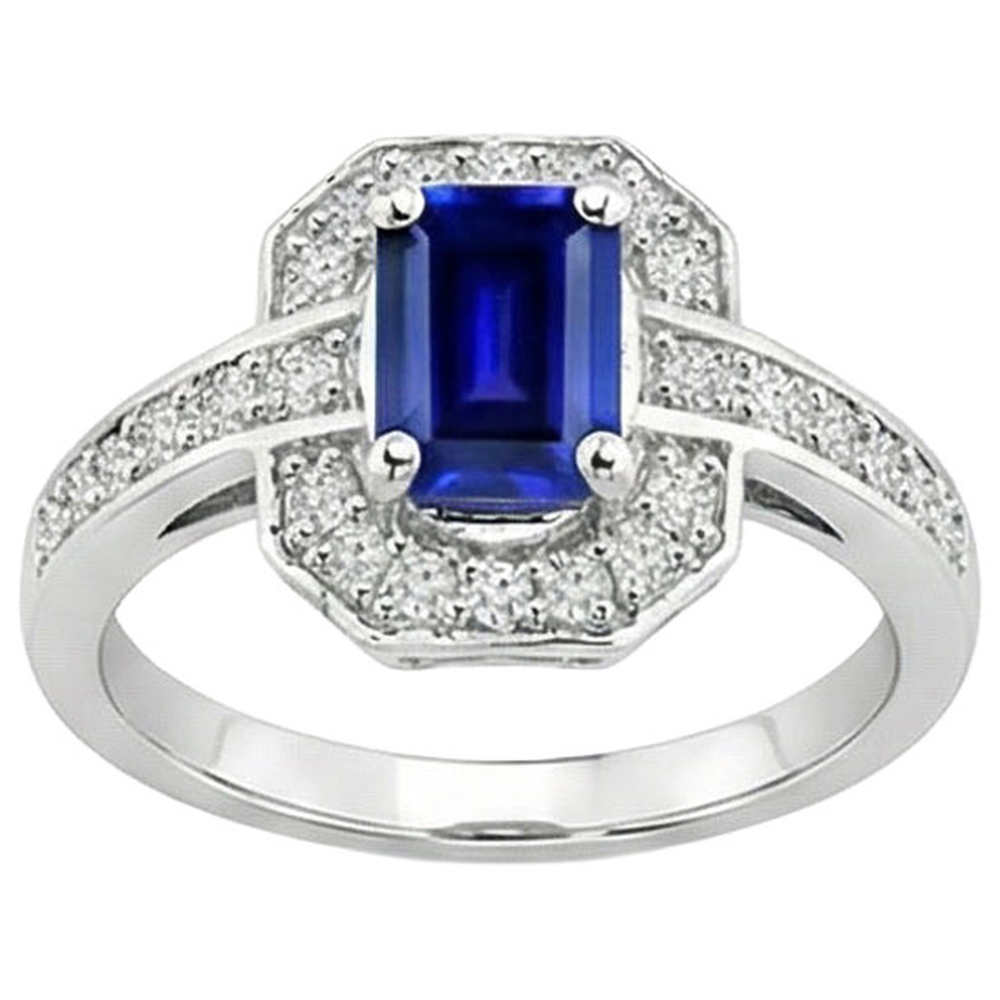 1.70 Karat Smaragdschliff Ceylon Saphir Aus der Erde Abgebauter Natürlicher Diamant Ring Weißgold 14K