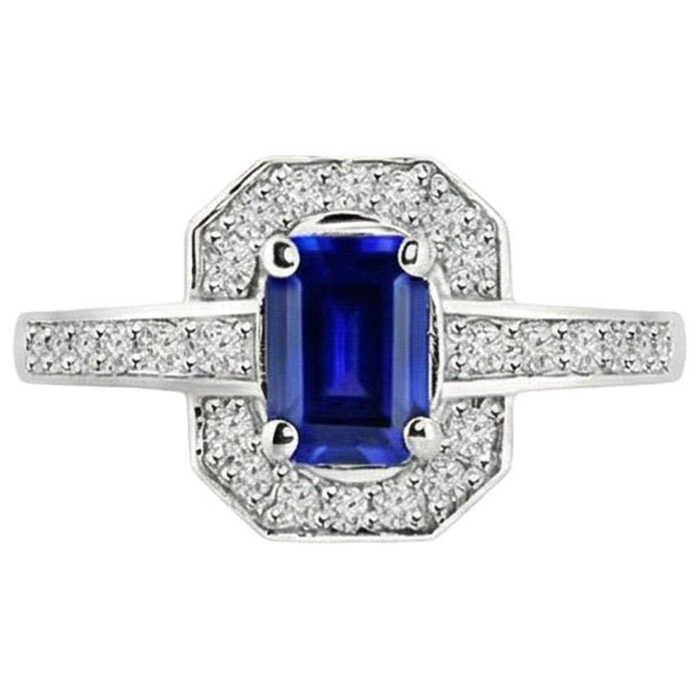 1.70 Karat Smaragdschliff Ceylon Saphir Aus der Erde Abgebauter Natürlicher Diamant Ring Weißgold 14K