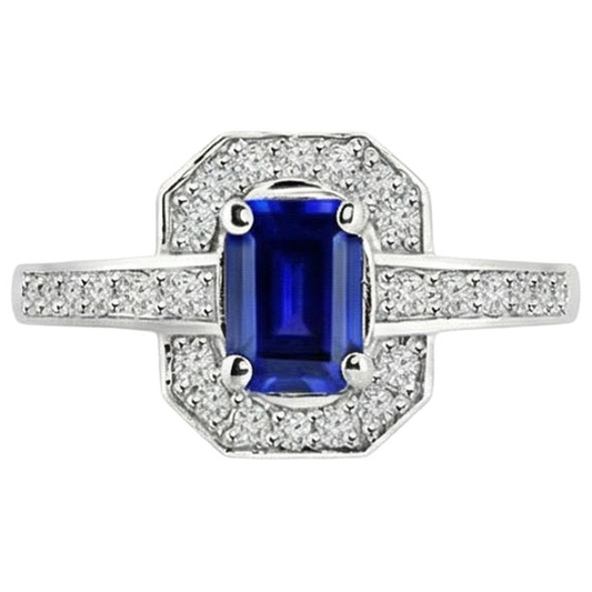 1.70 Karat Smaragdschliff Ceylon Saphir Aus der Erde Abgebauter Natürlicher Diamant Ring Weißgold 14K