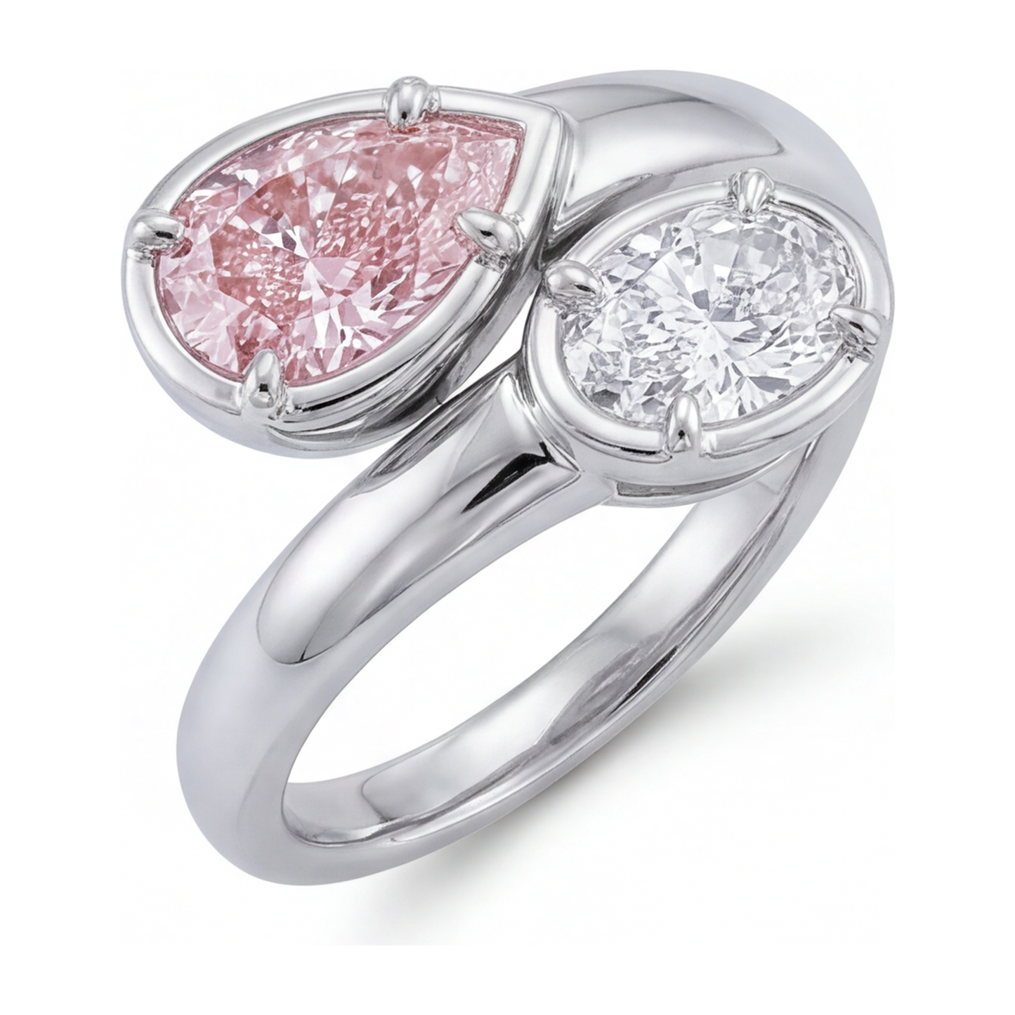 Ovaler Bypass-Ring aus 14 Karat Weißgold mit im Labor gezüchtetem rosa Diamanten, 1,75 Karat
