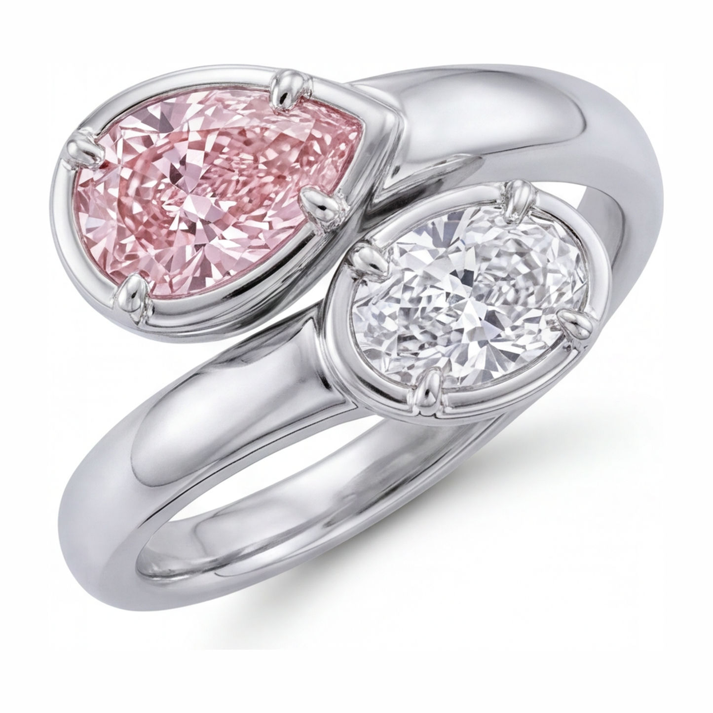 Ovaler Bypass-Ring aus 14 Karat Weißgold mit im Labor gezüchtetem rosa Diamanten, 1,75 Karat