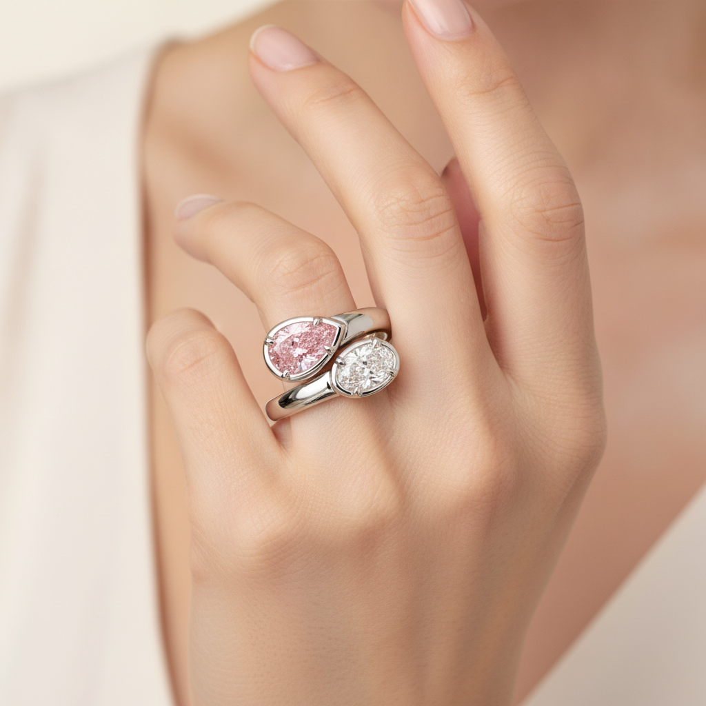Ovaler Bypass-Ring aus 14 Karat Weißgold mit im Labor gezüchtetem rosa Diamanten, 1,75 Karat