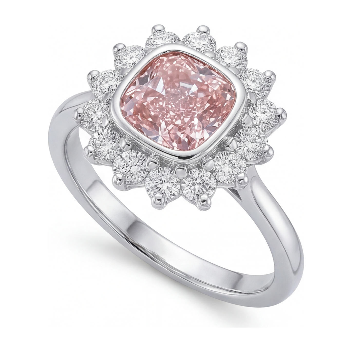 Verlobungsring mit rosa Edelstein, 1 Karat im Labor gezüchteter Diamant im Kissenschliff, Halo, 14 Karat Weißgold