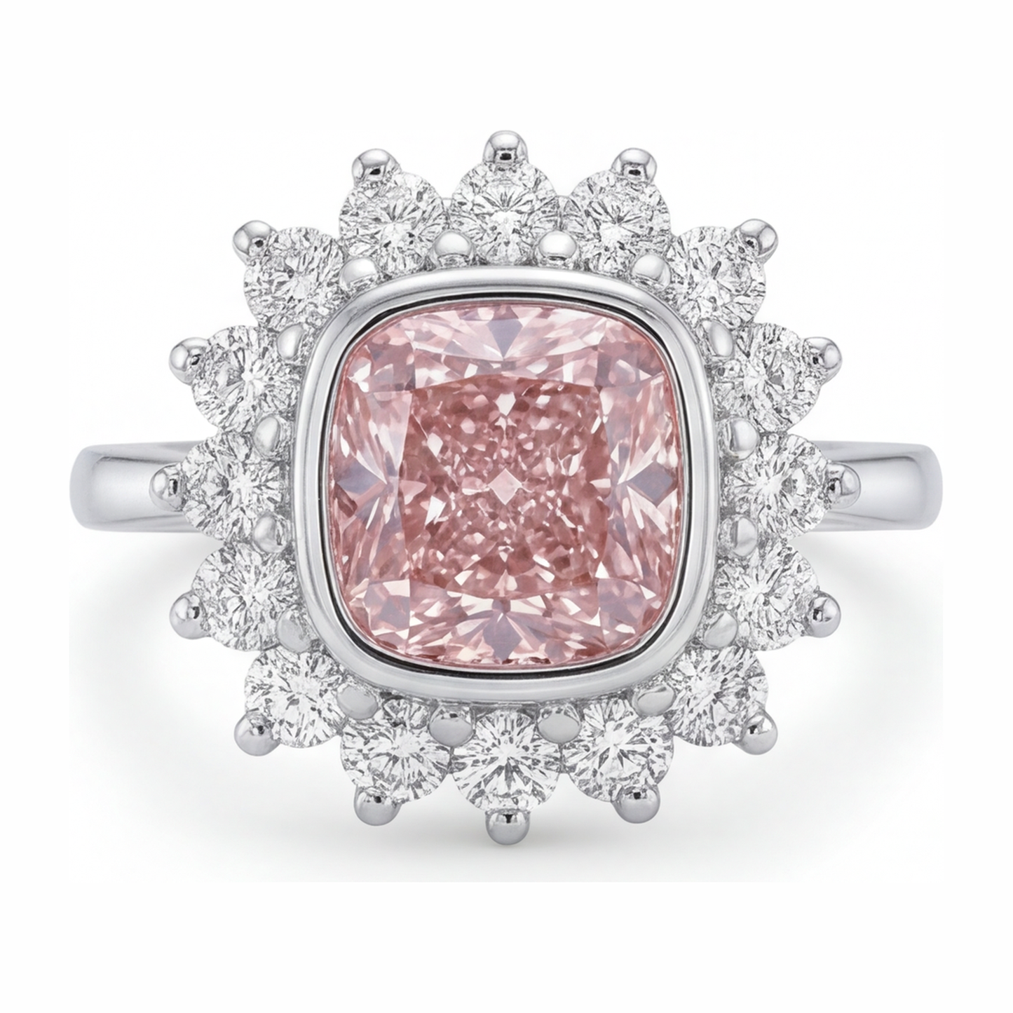 Verlobungsring mit rosa Edelstein, 1 Karat im Labor gezüchteter Diamant im Kissenschliff, Halo, 14 Karat Weißgold