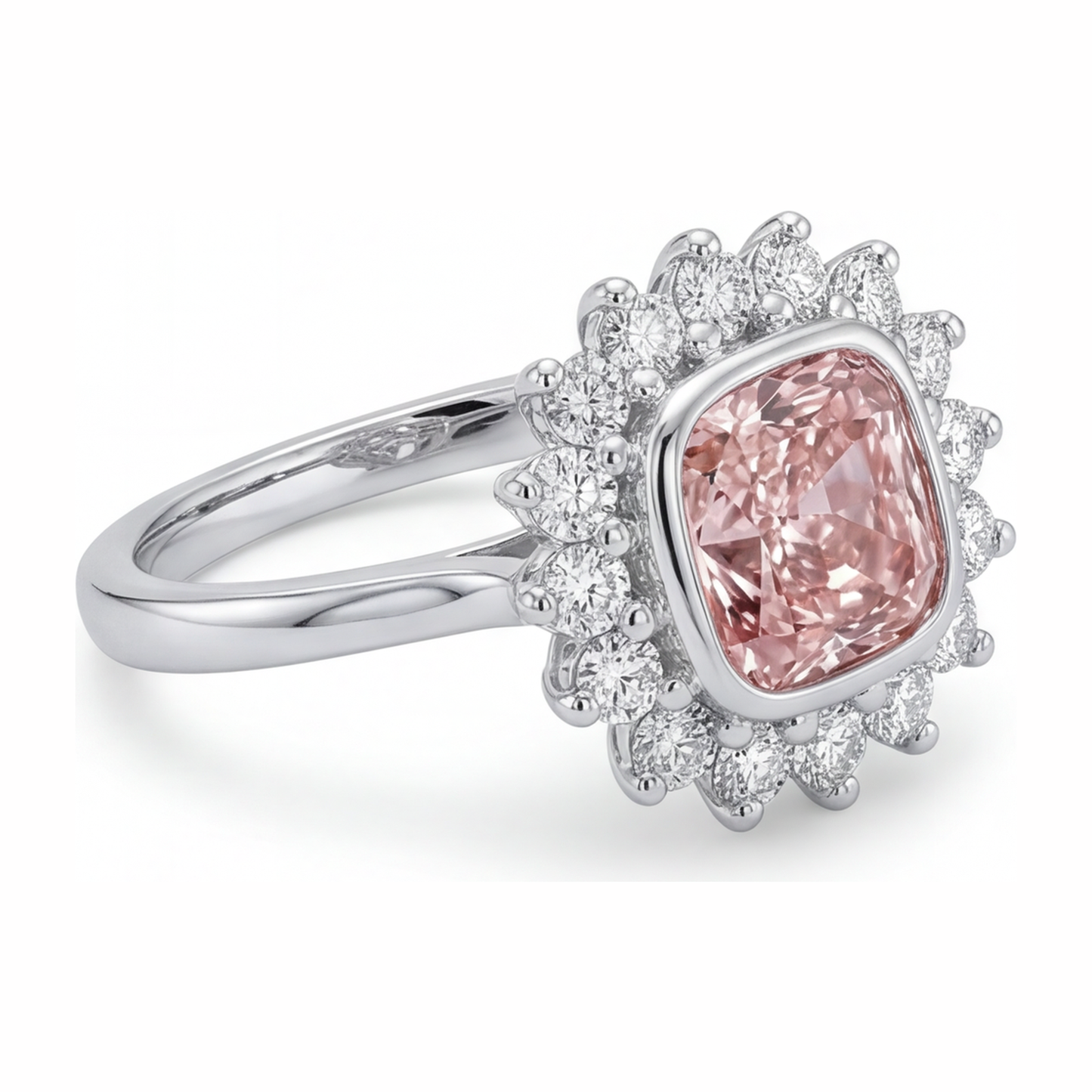 Verlobungsring mit rosa Edelstein, 1 Karat im Labor gezüchteter Diamant im Kissenschliff, Halo, 14 Karat Weißgold